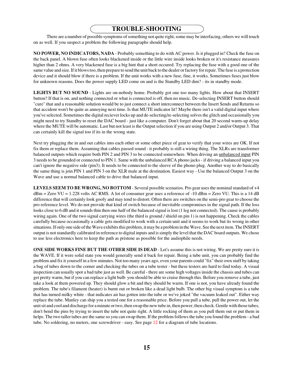 Trouble-shooting | Manley The WAVE DAC/Preamp 20 Bit Version Serial Code WAVE000-015 1999 - 2002 User Manual | Page 15 / 20