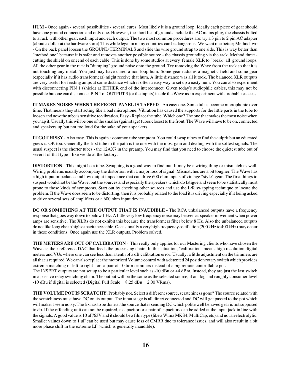 Manley The WAVE DAC/Preamp 20 Bit Version Serial Code WAVE000-015 1999 - 2002 User Manual | Page 16 / 20