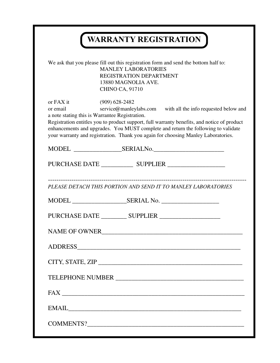 Warranty registration | Manley The WAVE DAC/Preamp 20 Bit Version Serial Code WAVE000-015 1999 - 2002 User Manual | Page 20 / 20