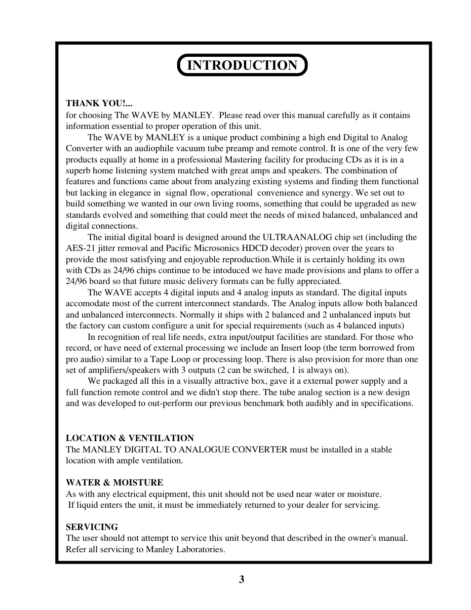 Introduction | Manley The WAVE DAC/Preamp 20 Bit Version Serial Code WAVE000-015 1999 - 2002 User Manual | Page 3 / 20