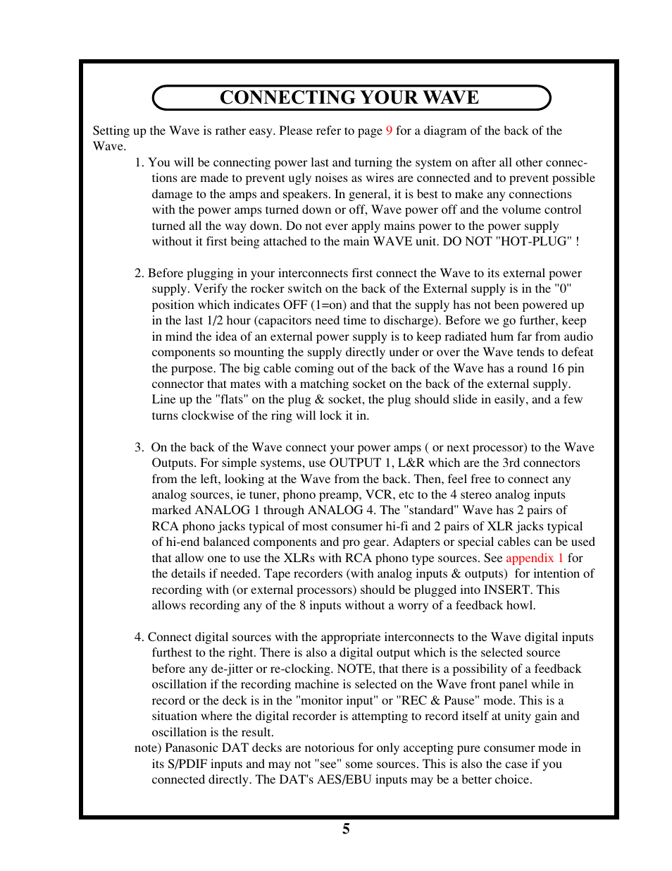 Connecting your wave | Manley The WAVE DAC/Preamp 20 Bit Version Serial Code WAVE000-015 1999 - 2002 User Manual | Page 5 / 20