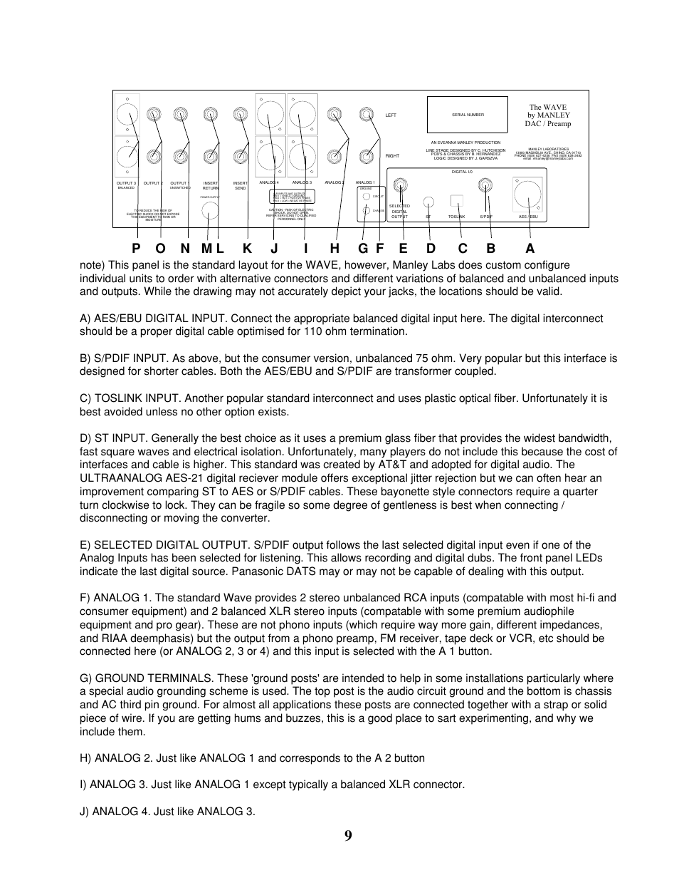 Manley The WAVE DAC/Preamp 20 Bit Version Serial Code WAVE000-015 1999 - 2002 User Manual | Page 9 / 20