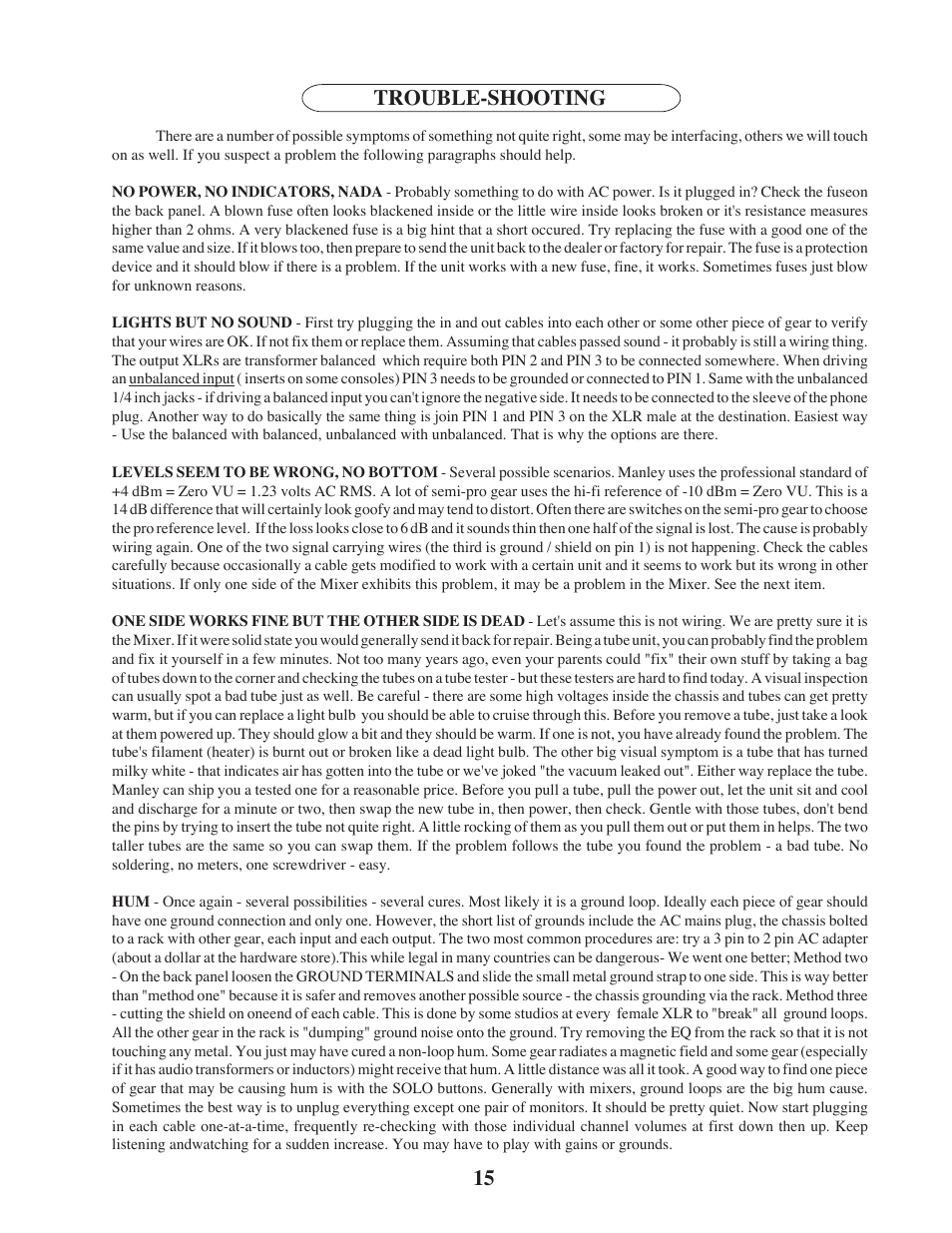 Trouble-shooting 15 | Manley 16 x 2 TUBE MIXER 2002 - present above 106 User Manual | Page 15 / 22