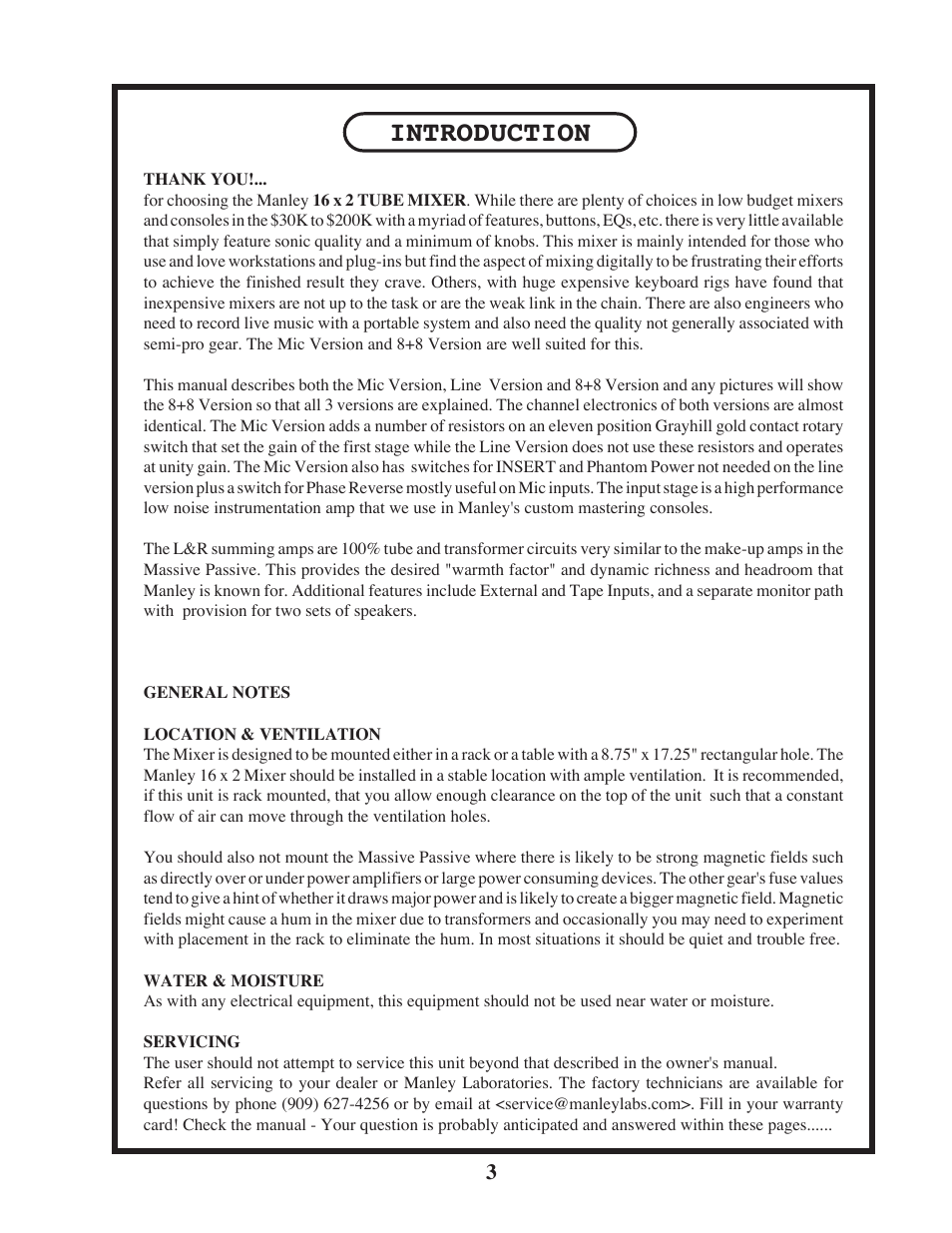 Introduction | Manley 16 x 2 TUBE MIXER 2002 - present above 106 User Manual | Page 3 / 22