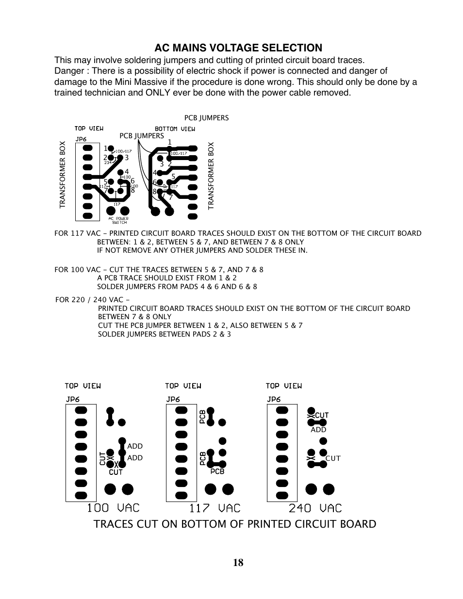 Ac mains voltage selection, Traces cut on bottom of printed circuit board | Manley LANGEVIN MINI MASSIVE STEREO EQ User Manual | Page 18 / 31