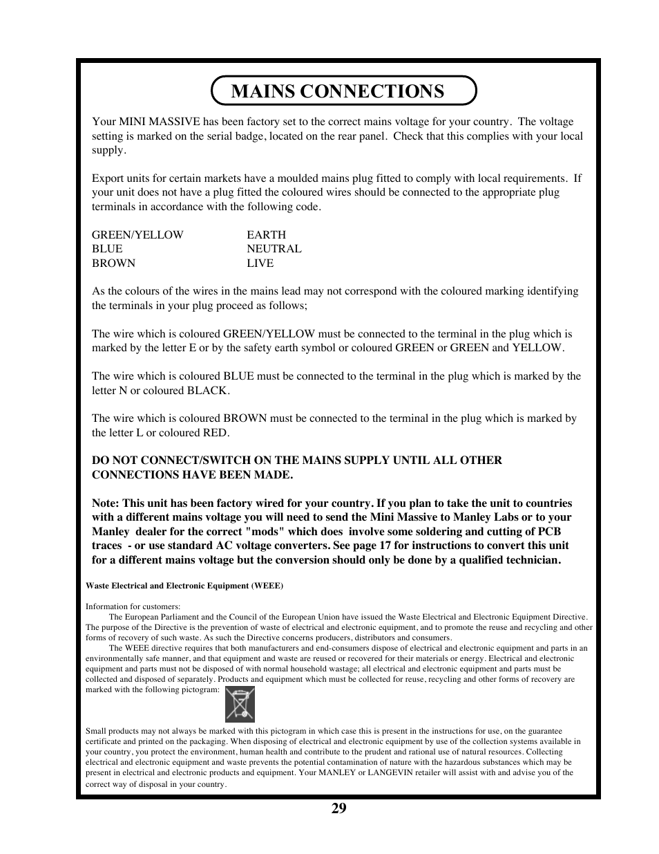 Mains connections | Manley LANGEVIN MINI MASSIVE STEREO EQ User Manual | Page 29 / 31