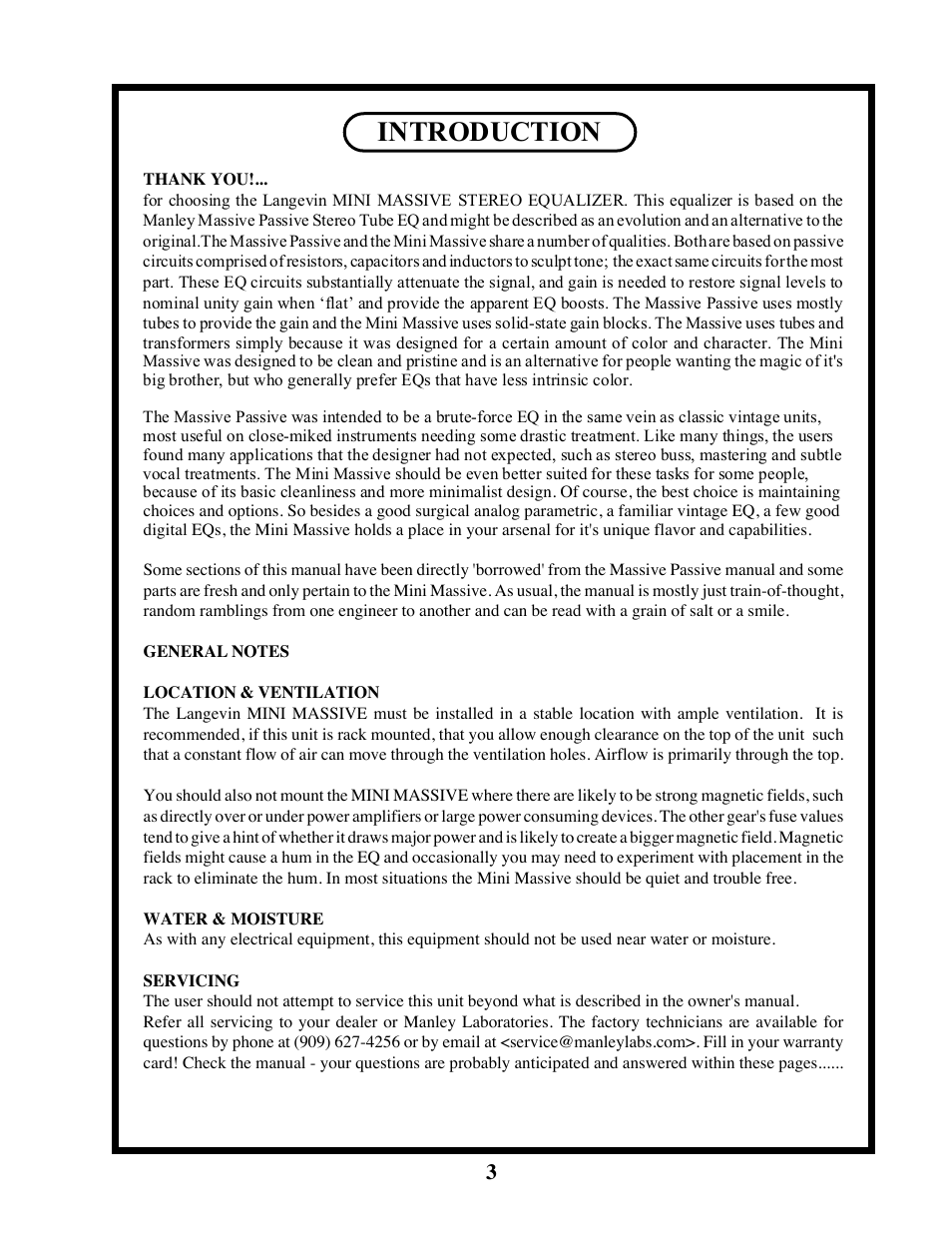 Introduction | Manley LANGEVIN MINI MASSIVE STEREO EQ User Manual | Page 3 / 31