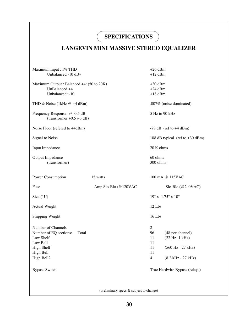 30 specifications, Langevin mini massive stereo equalizer | Manley LANGEVIN MINI MASSIVE STEREO EQ User Manual | Page 30 / 31