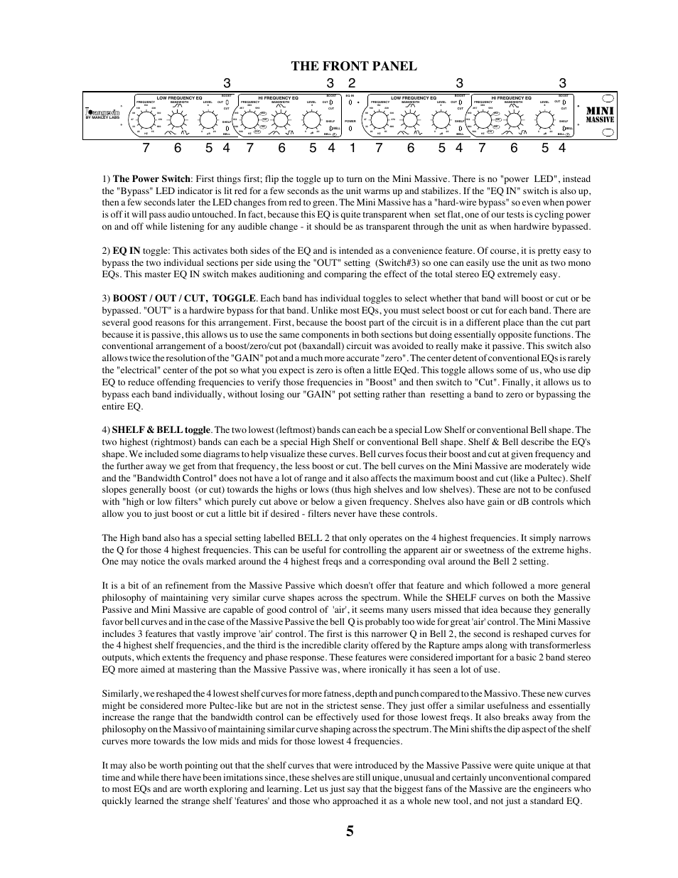 The front panel, Mini, Massive | Manley LANGEVIN MINI MASSIVE STEREO EQ User Manual | Page 5 / 31