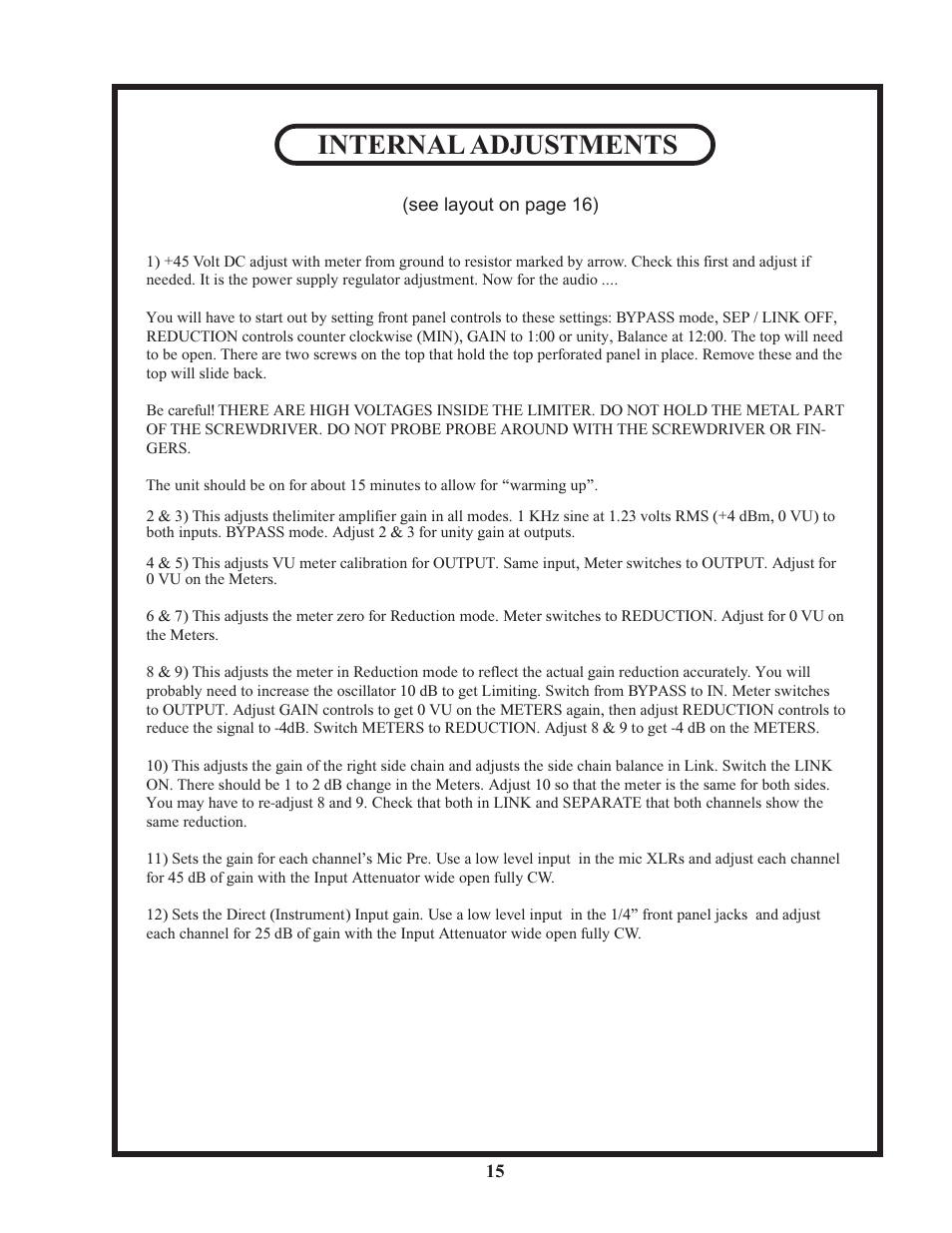 Internal adjustments | Manley Langevin Dual Vocal Combo 1999 - 4/2001 LDVC000 - LDVC178 User Manual | Page 15 / 20