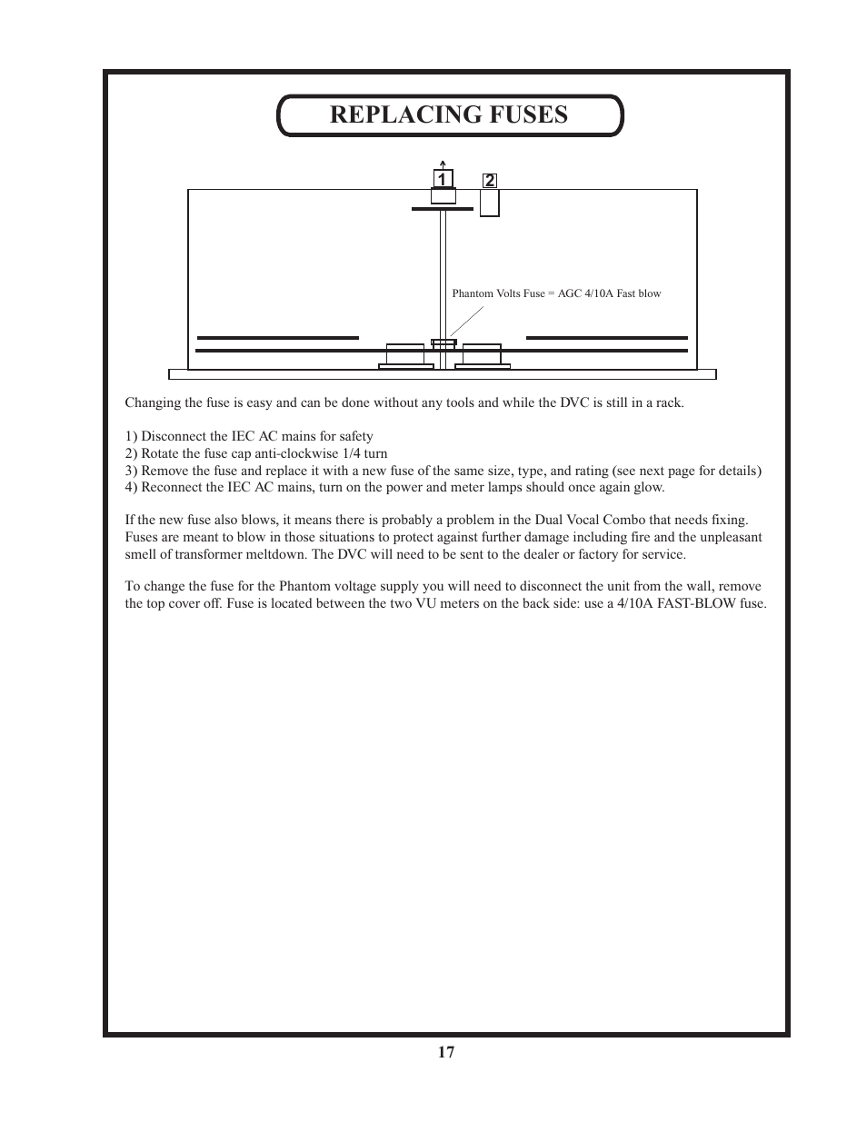 Replacing fuses | Manley Langevin Dual Vocal Combo 1999 - 4/2001 LDVC000 - LDVC178 User Manual | Page 17 / 20