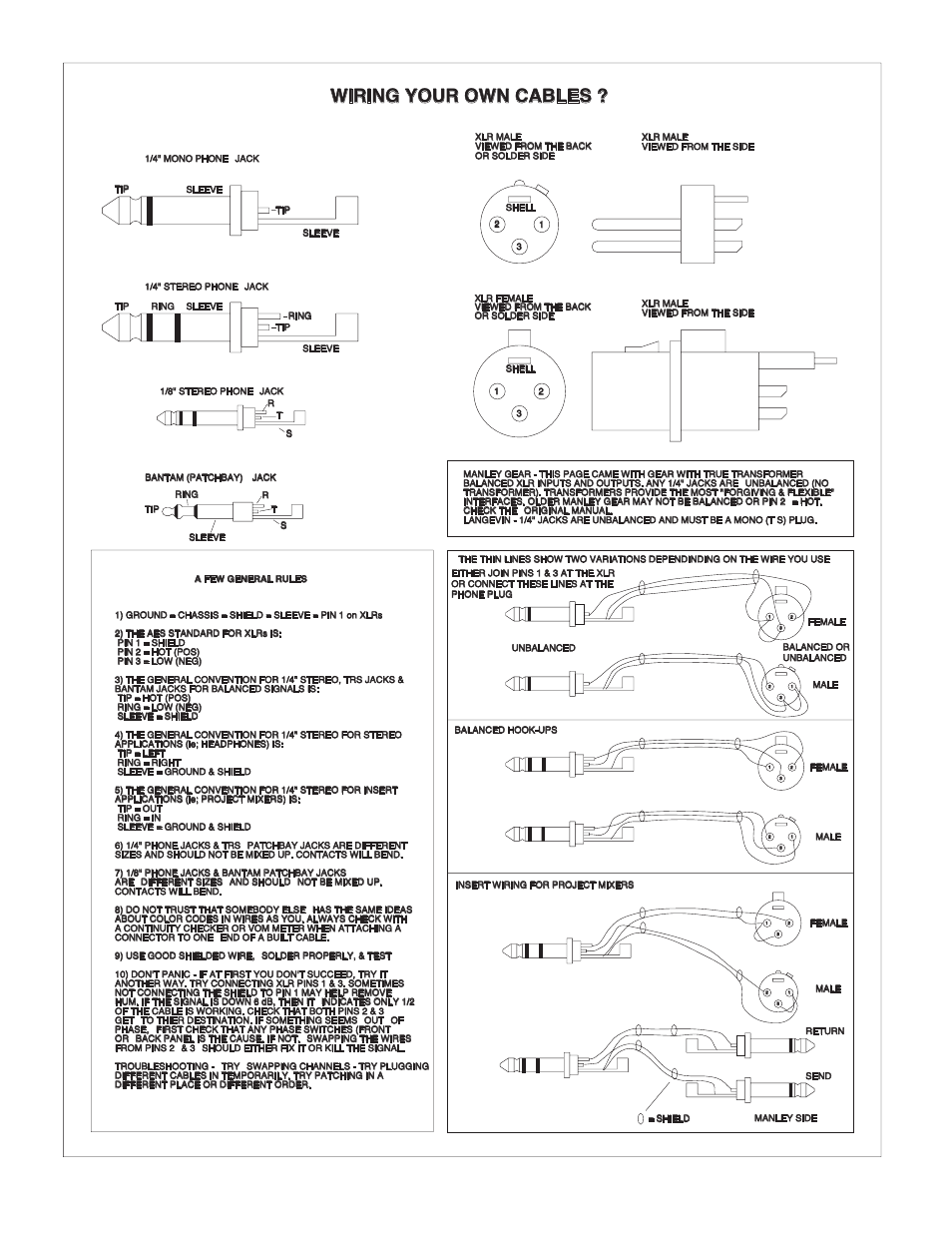 Wiring your own cables | Manley Langevin Dual Vocal Combo 1999 - 4/2001 LDVC000 - LDVC178 User Manual | Page 19 / 20