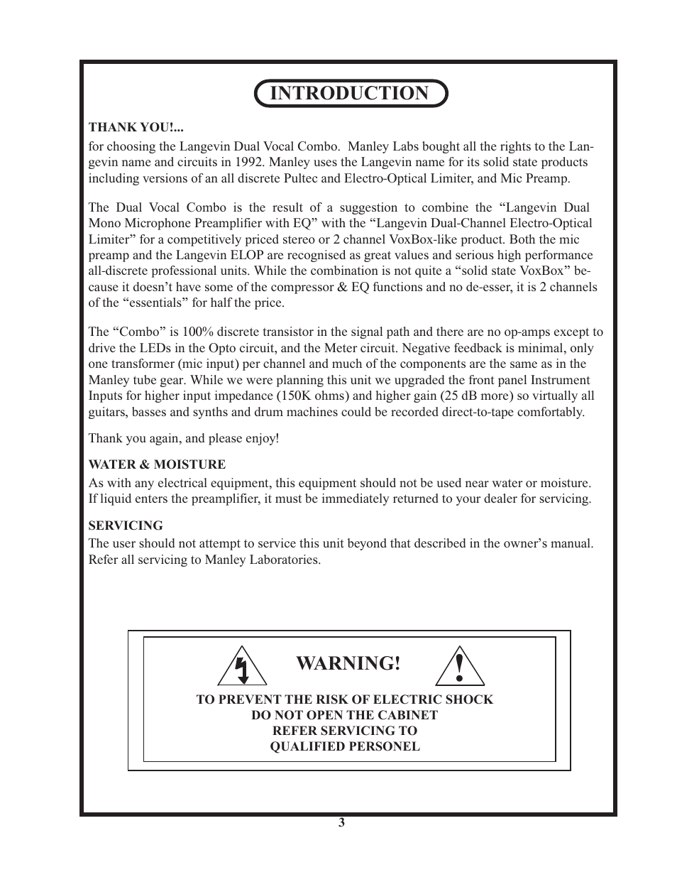Introduction, Warning | Manley Langevin Dual Vocal Combo 1999 - 4/2001 LDVC000 - LDVC178 User Manual | Page 3 / 20