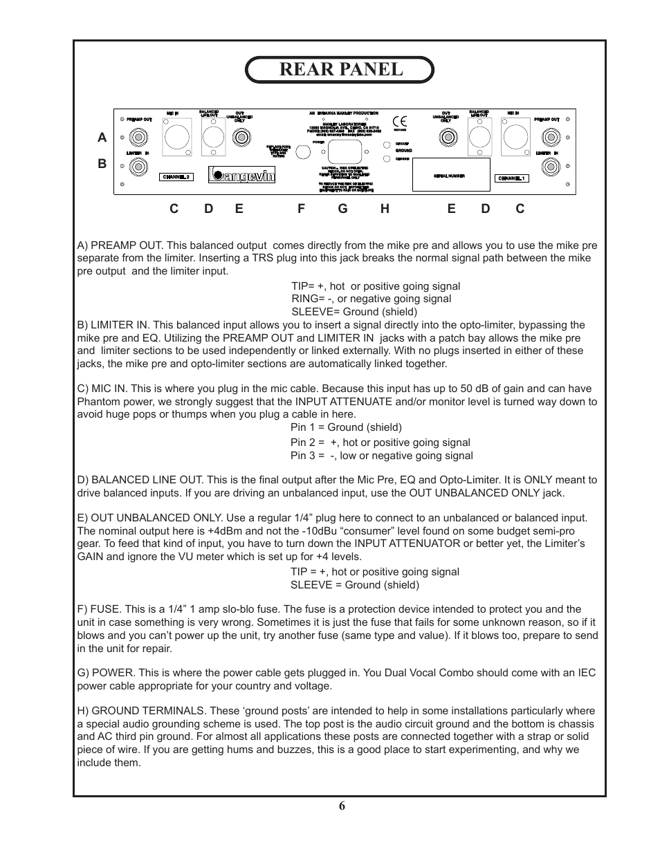 Rear panel | Manley Langevin Dual Vocal Combo 1999 - 4/2001 LDVC000 - LDVC178 User Manual | Page 6 / 20