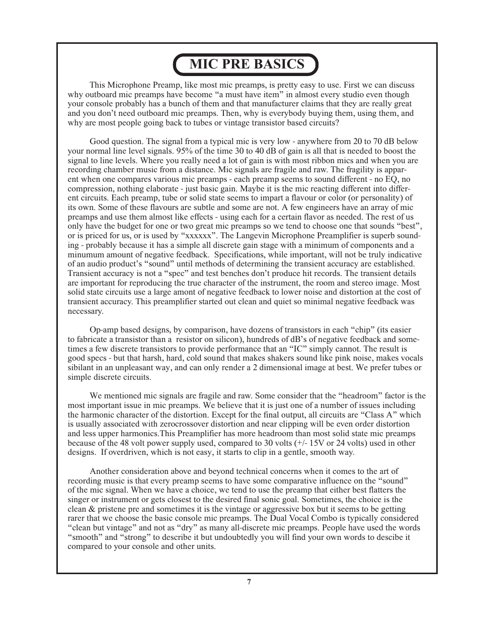 Mic pre basics | Manley Langevin Dual Vocal Combo 1999 - 4/2001 LDVC000 - LDVC178 User Manual | Page 7 / 20