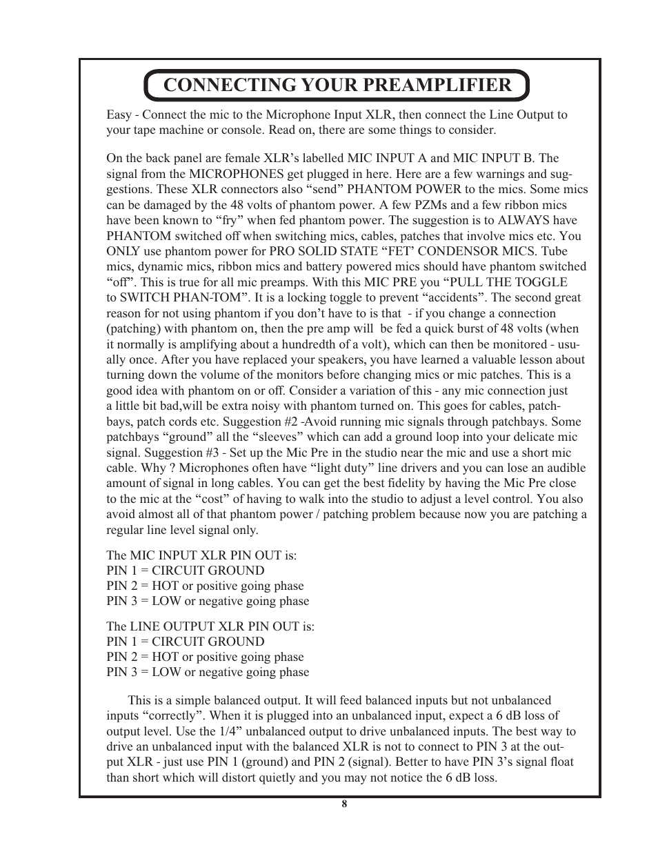 Connecting your preamplifier | Manley Langevin Dual Vocal Combo 1999 - 4/2001 LDVC000 - LDVC178 User Manual | Page 8 / 20
