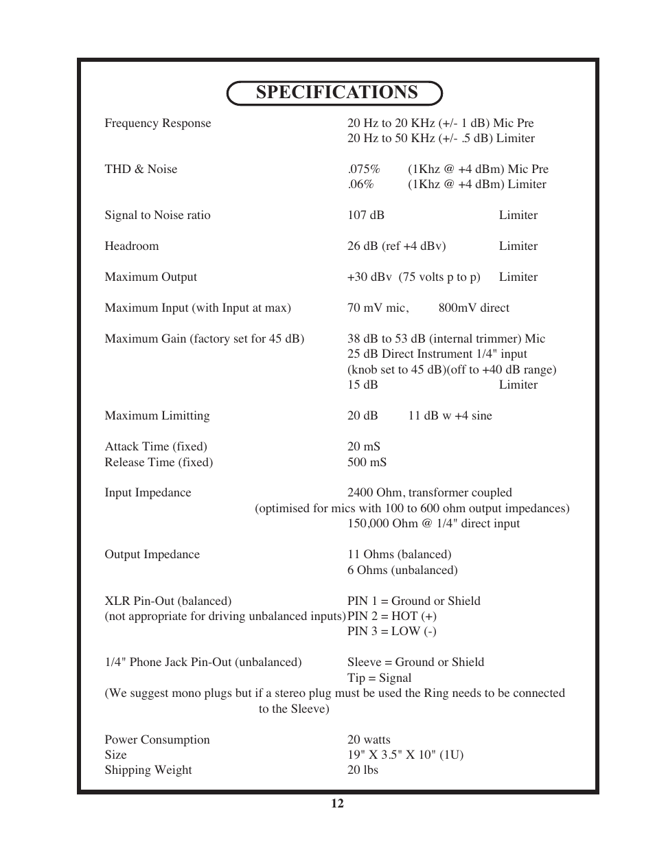 Specifications | Manley Langevin Dual Vocal Combo 4/2001 - present LDVCP179 and up User Manual | Page 12 / 22