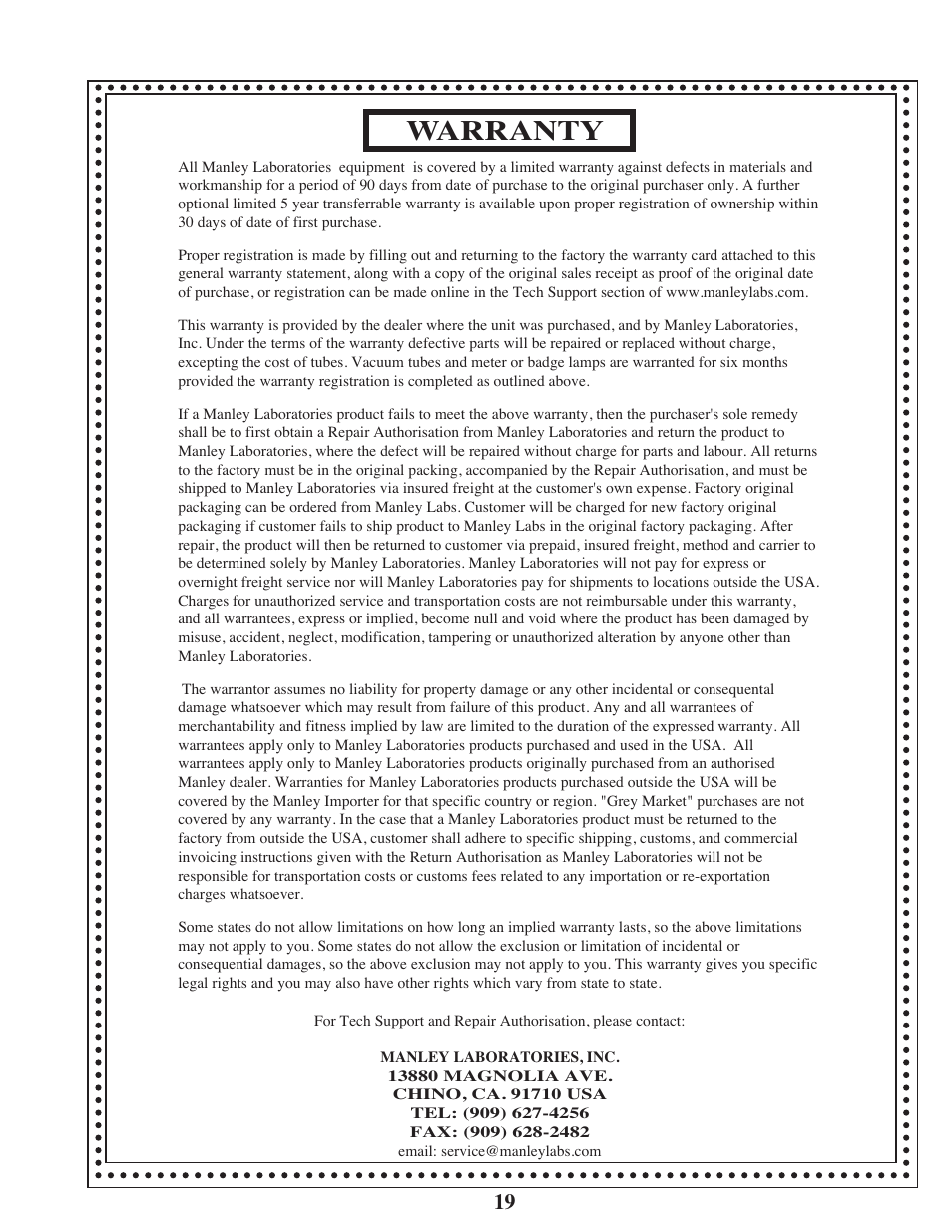 Warranty | Manley Langevin Dual Vocal Combo 4/2001 - present LDVCP179 and up User Manual | Page 19 / 22