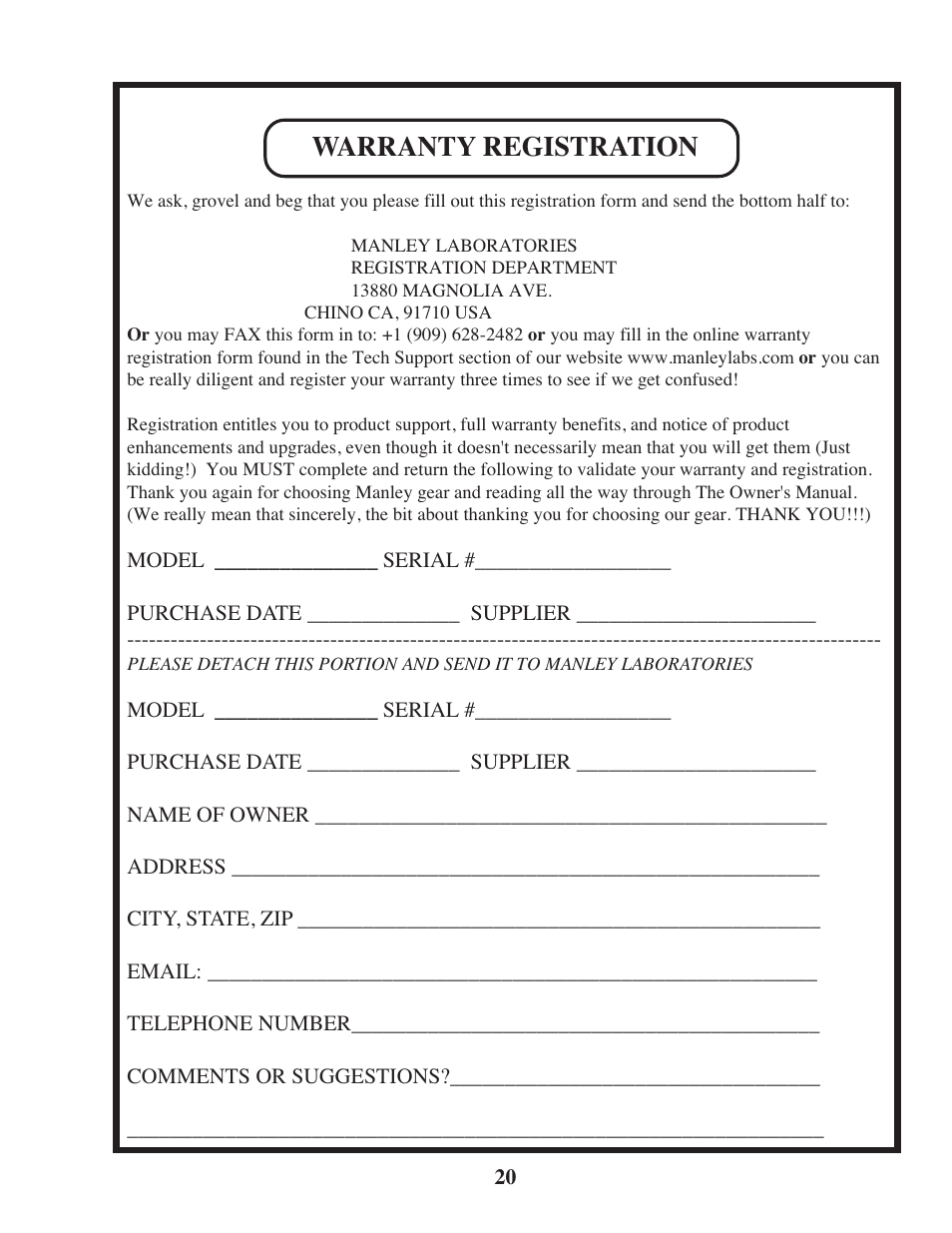 Warranty registration | Manley Langevin Dual Vocal Combo 4/2001 - present LDVCP179 and up User Manual | Page 20 / 22