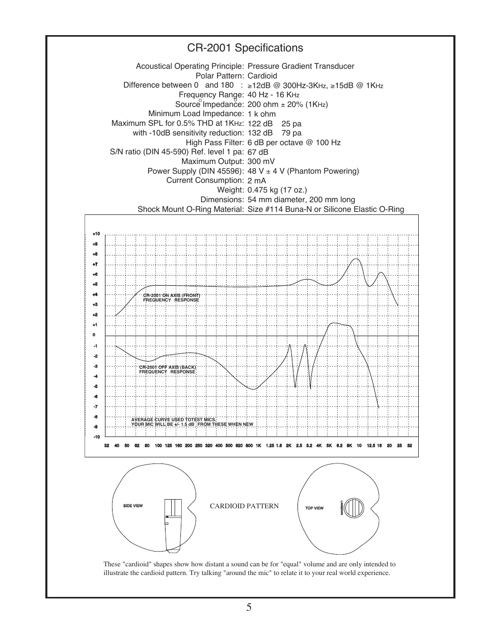 Cr-2001 specifications, 15db @ 1k, 40 hz - 16 k | Cardioid pattern | Manley Langevin CR2001 2001 - present User Manual | Page 5 / 6