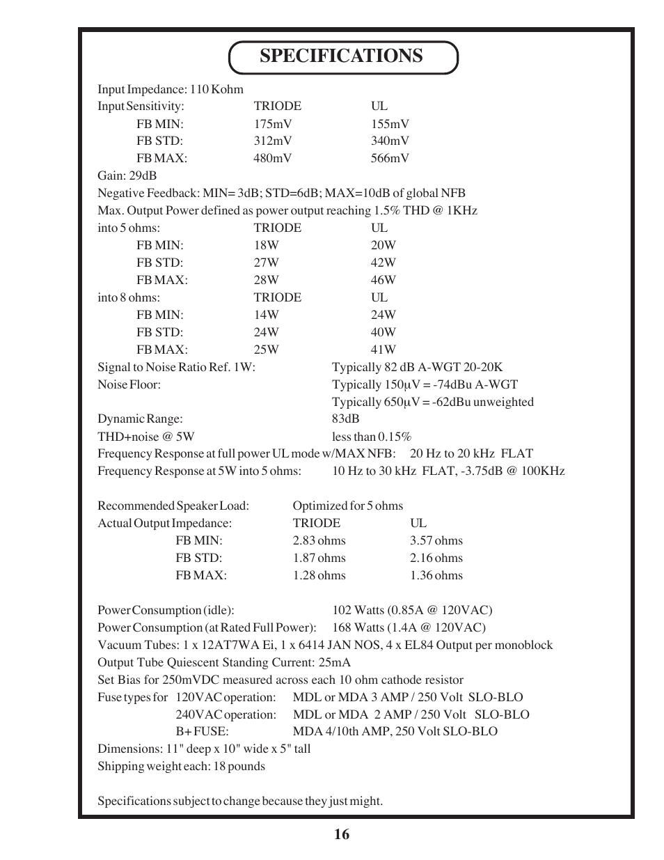 Specifications | Manley MAHI MONOBLOCK AMPLIFIER User Manual | Page 16 / 18