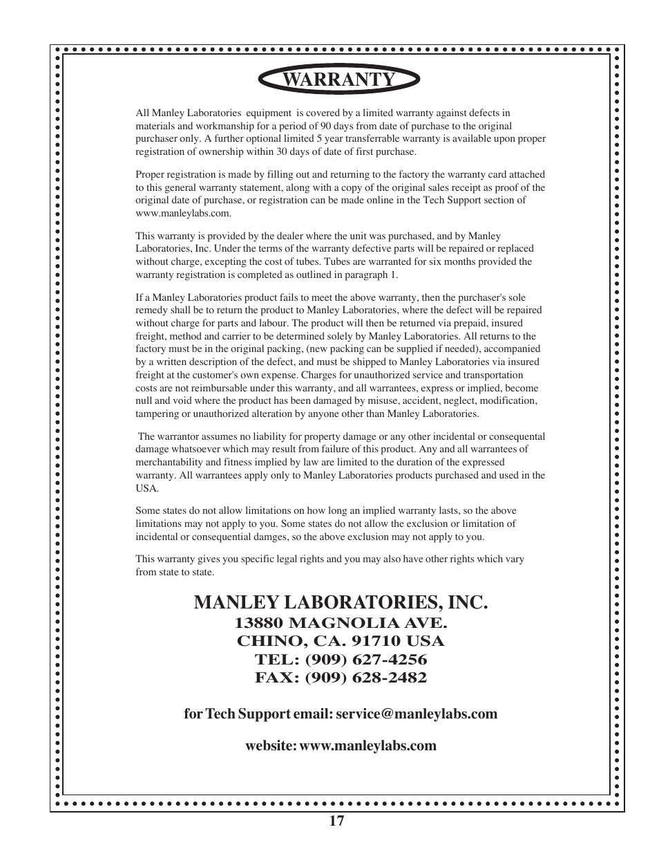 Warranty, Manley laboratories, inc | Manley MAHI MONOBLOCK AMPLIFIER User Manual | Page 17 / 18