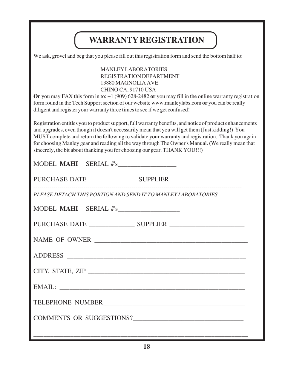 Warranty registration | Manley MAHI MONOBLOCK AMPLIFIER User Manual | Page 18 / 18