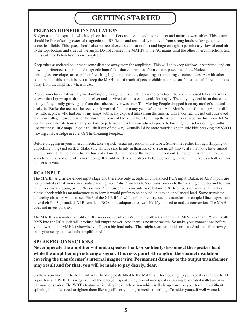 Getting started | Manley MAHI MONOBLOCK AMPLIFIER User Manual | Page 5 / 18