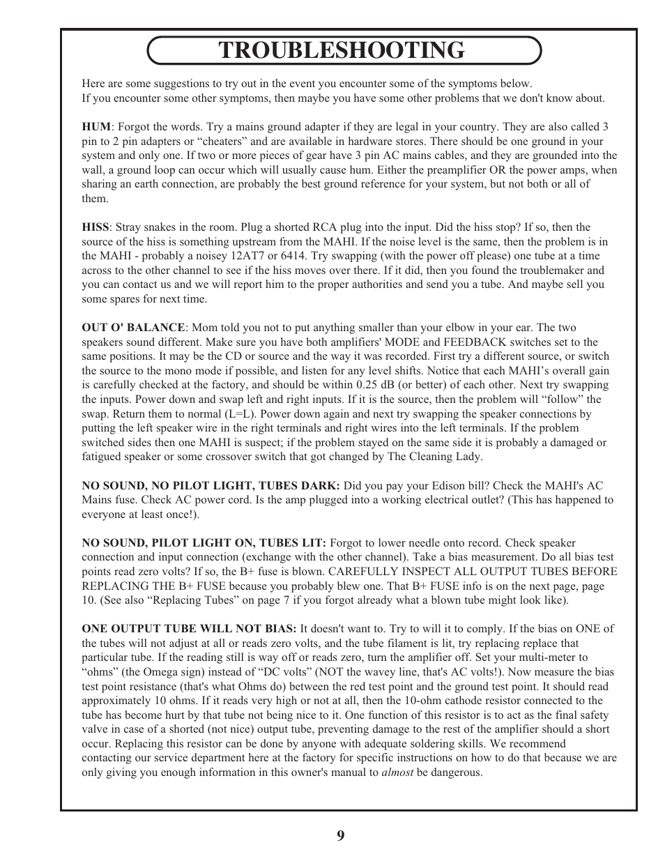 Troubleshooting | Manley MAHI MONOBLOCK AMPLIFIER User Manual | Page 9 / 18