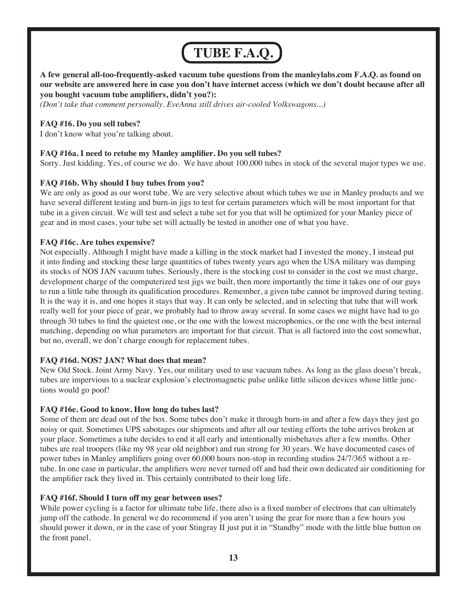 Tube f.a.q | Manley Stingray II User Manual | Page 13 / 20