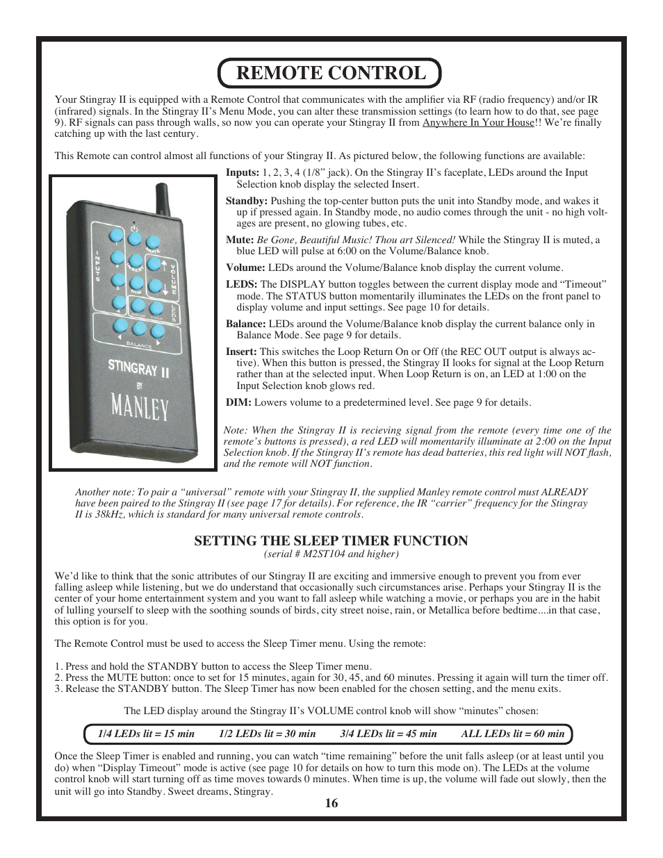 Remote control, Setting the sleep timer function | Manley Stingray II User Manual | Page 16 / 20