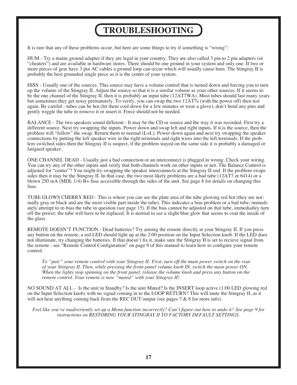 Troubleshooting | Manley Stingray II User Manual | Page 17 / 20