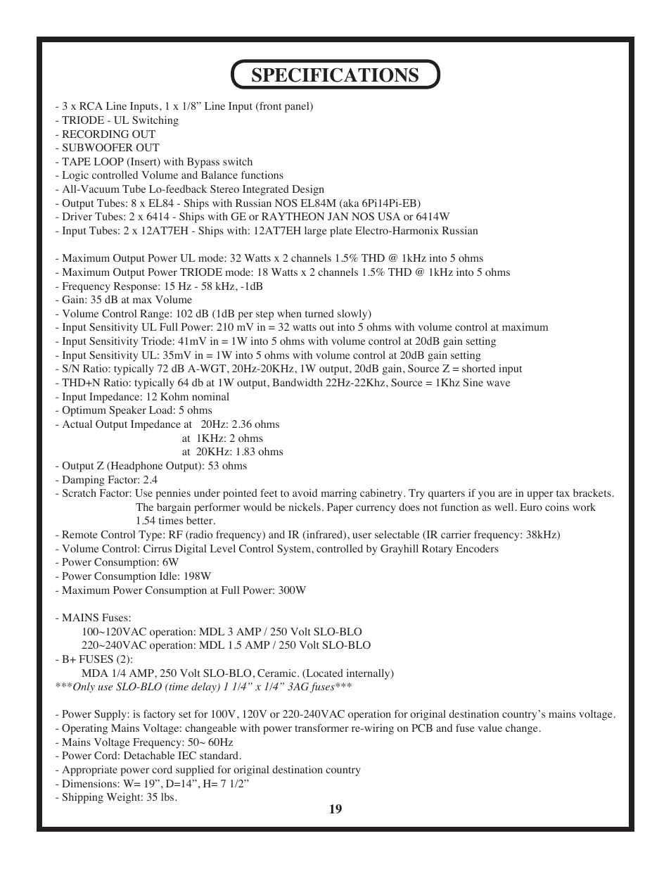 Specifications | Manley Stingray II User Manual | Page 19 / 20