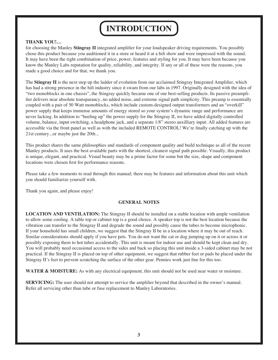 Introduction | Manley Stingray II User Manual | Page 3 / 20