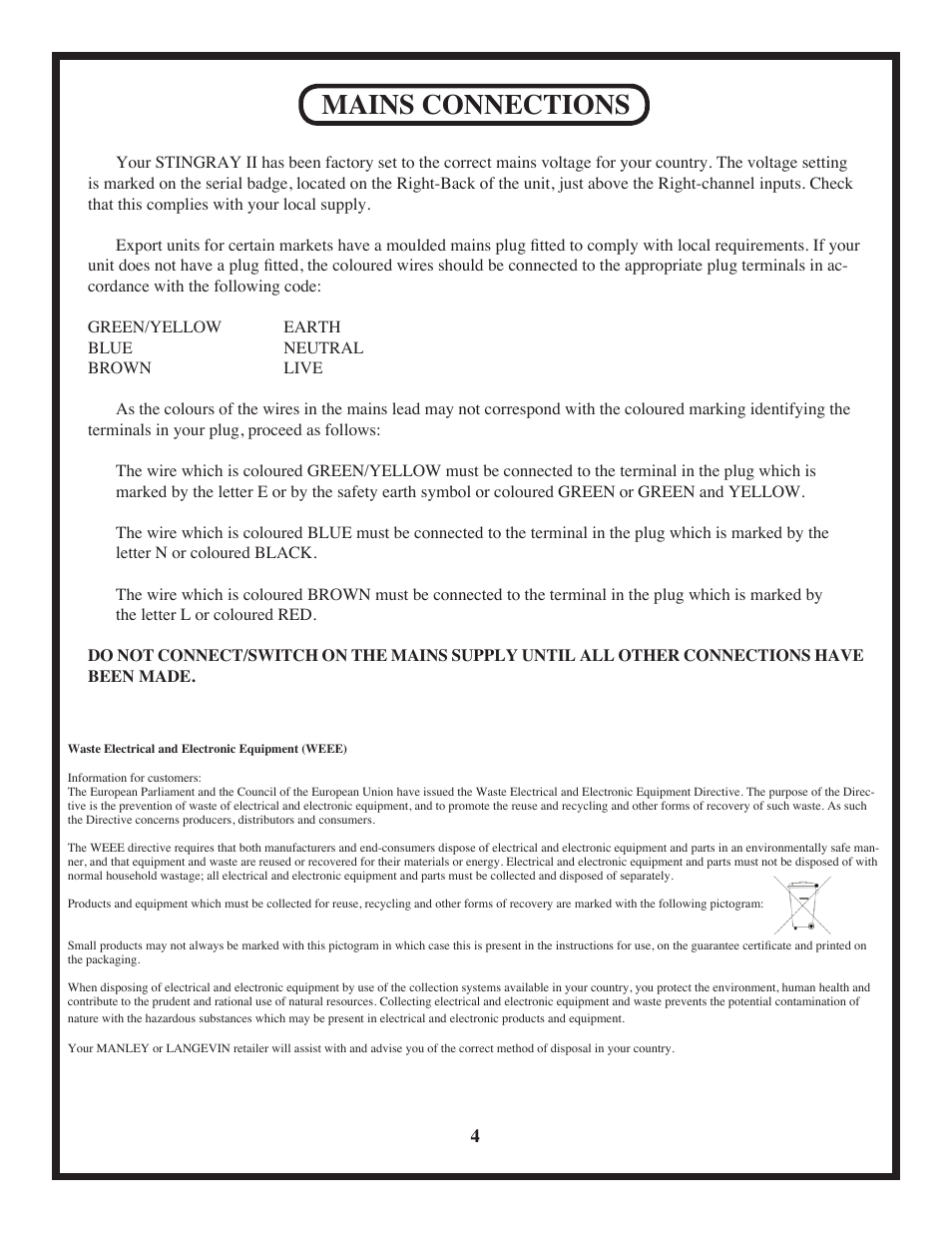 Mains connections | Manley Stingray II User Manual | Page 4 / 20