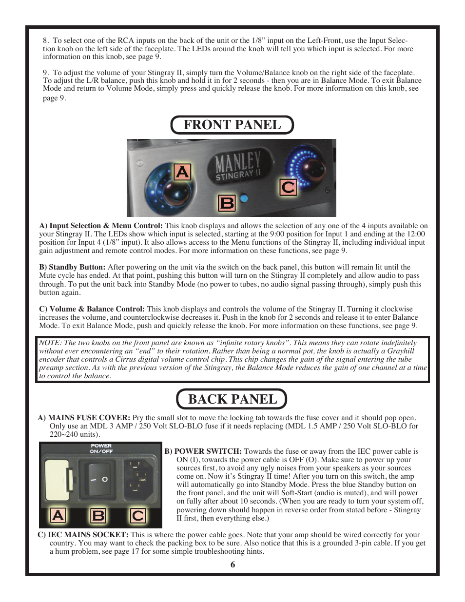 Front panel, Back panel | Manley Stingray II User Manual | Page 6 / 20