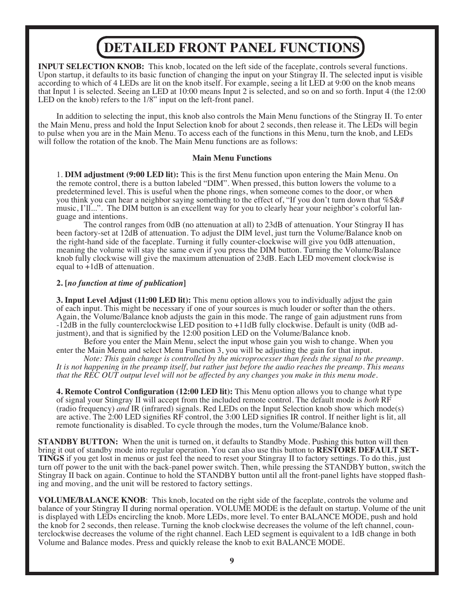 Detailed front panel functions | Manley Stingray II User Manual | Page 9 / 20