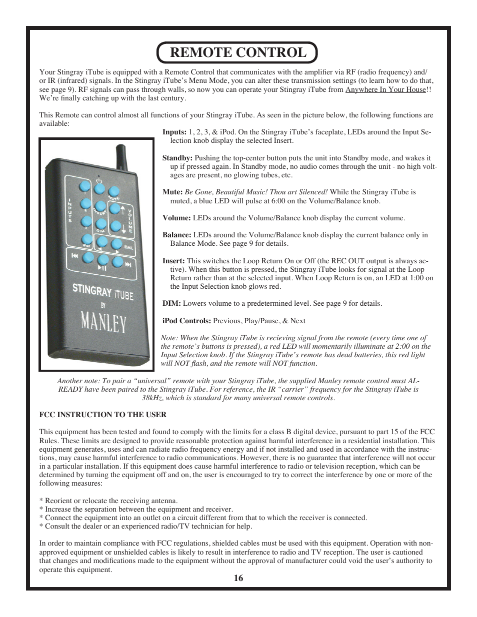 Remote control | Manley Stingray iTube User Manual | Page 16 / 20