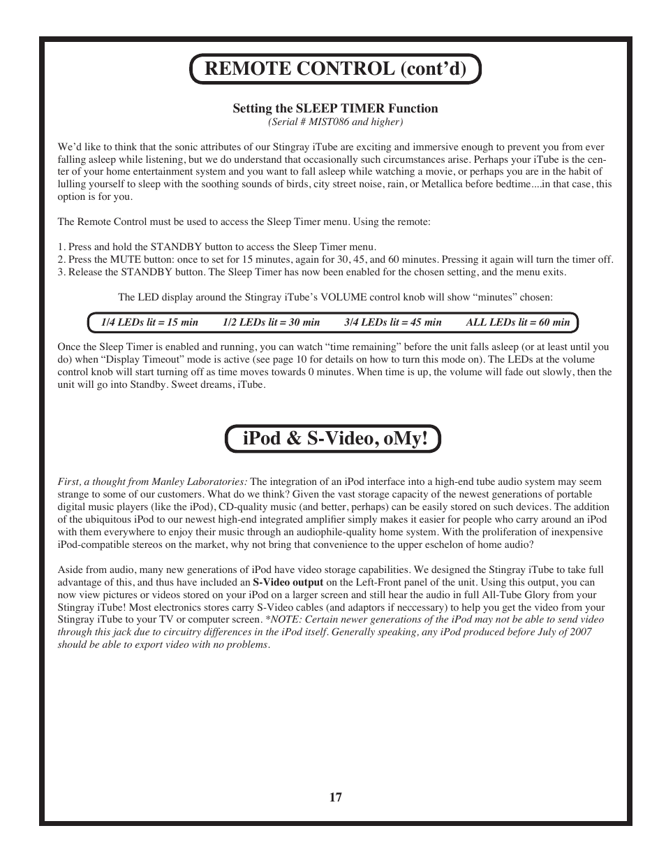 Remote control (cont’d), Ipod & s-video, omy | Manley Stingray iTube User Manual | Page 17 / 20