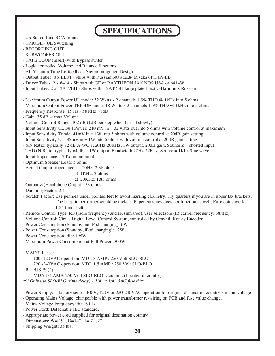 Specifications | Manley Stingray iTube User Manual | Page 20 / 20