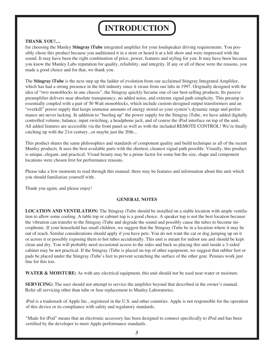 Introduction | Manley Stingray iTube User Manual | Page 3 / 20
