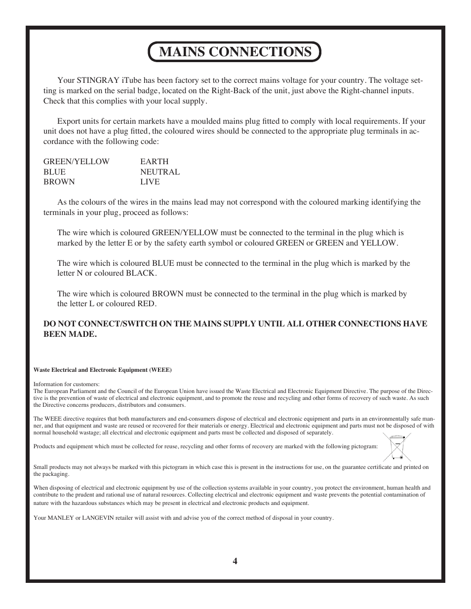 Mains connections | Manley Stingray iTube User Manual | Page 4 / 20