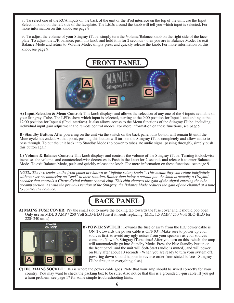 Front panel, Back panel | Manley Stingray iTube User Manual | Page 6 / 20