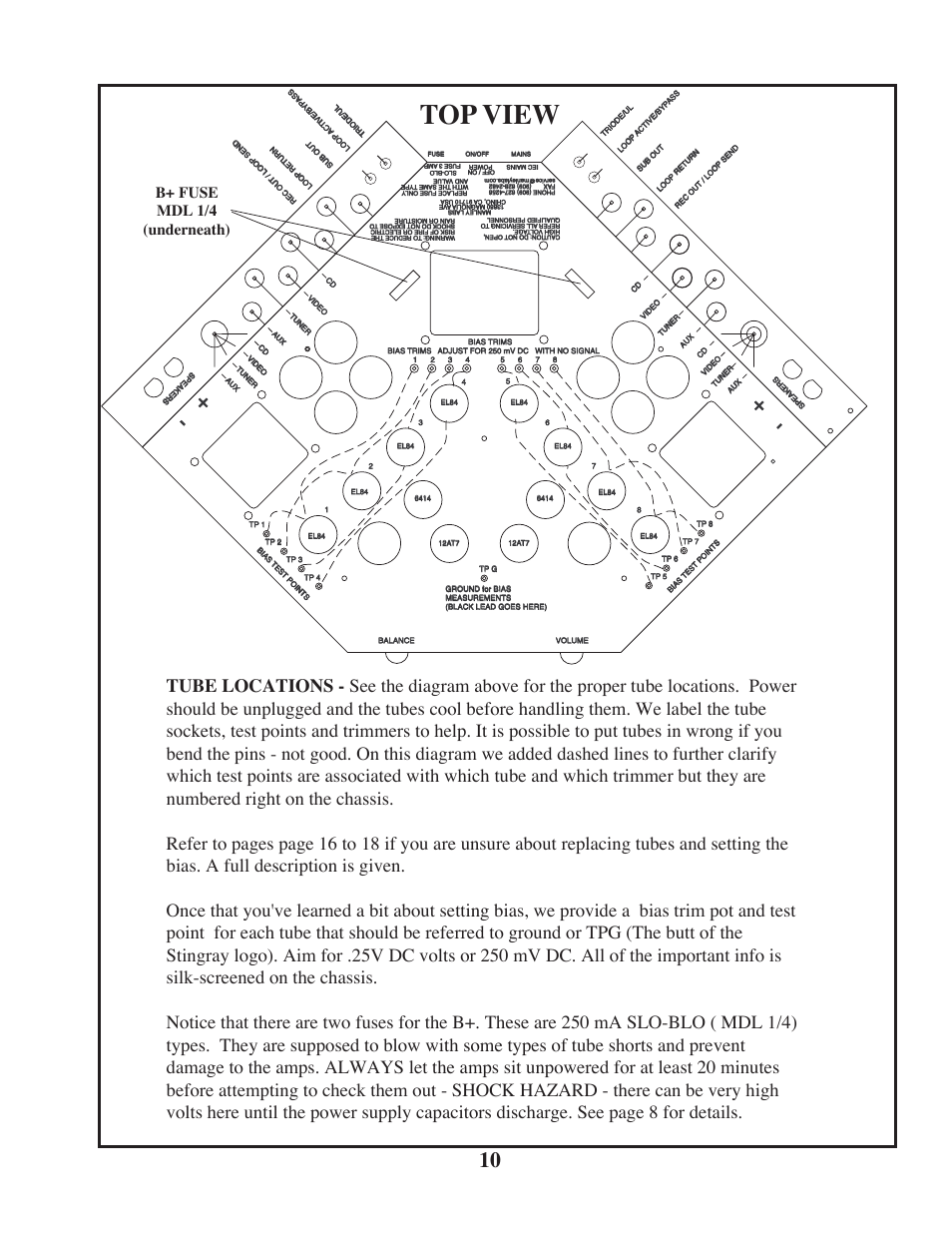 Top view, B+ fuse mdl 1/4 (underneath) | Manley STINGRAY original version rev.2 6/2005 - 9/2009 MSTX User Manual | Page 10 / 22