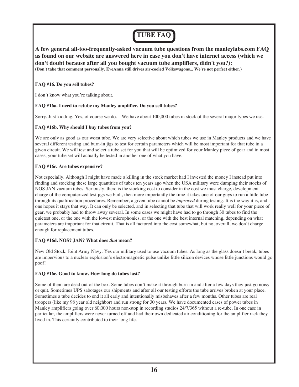 Tube faq | Manley STINGRAY original version rev.2 6/2005 - 9/2009 MSTX User Manual | Page 16 / 22