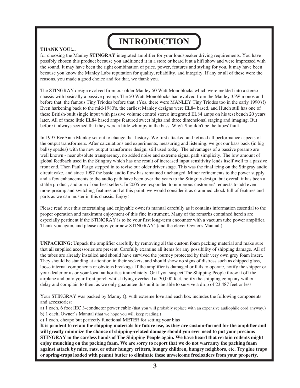 Introduction | Manley STINGRAY original version rev.2 6/2005 - 9/2009 MSTX User Manual | Page 3 / 22