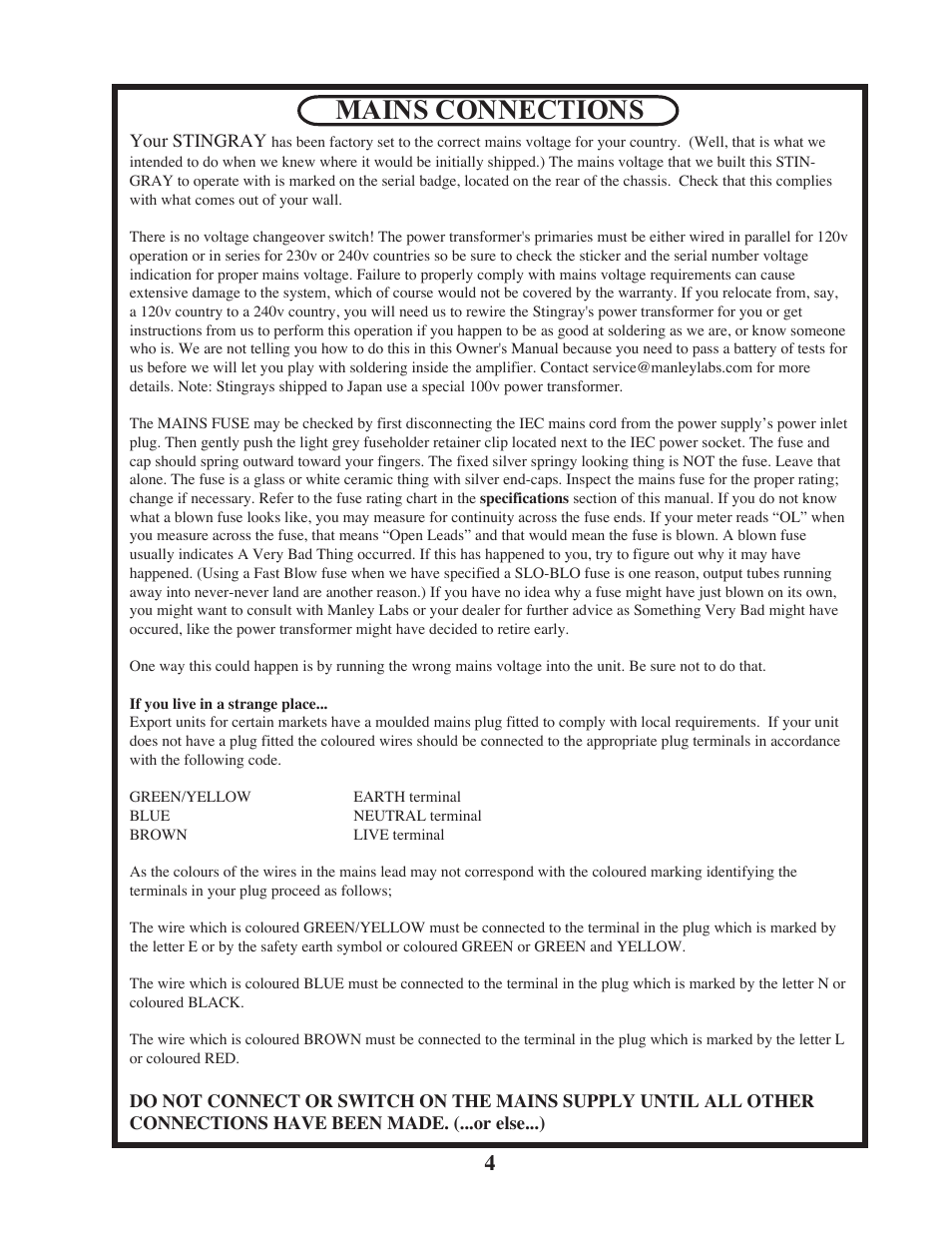 Mains connections | Manley STINGRAY original version rev.2 6/2005 - 9/2009 MSTX User Manual | Page 4 / 22