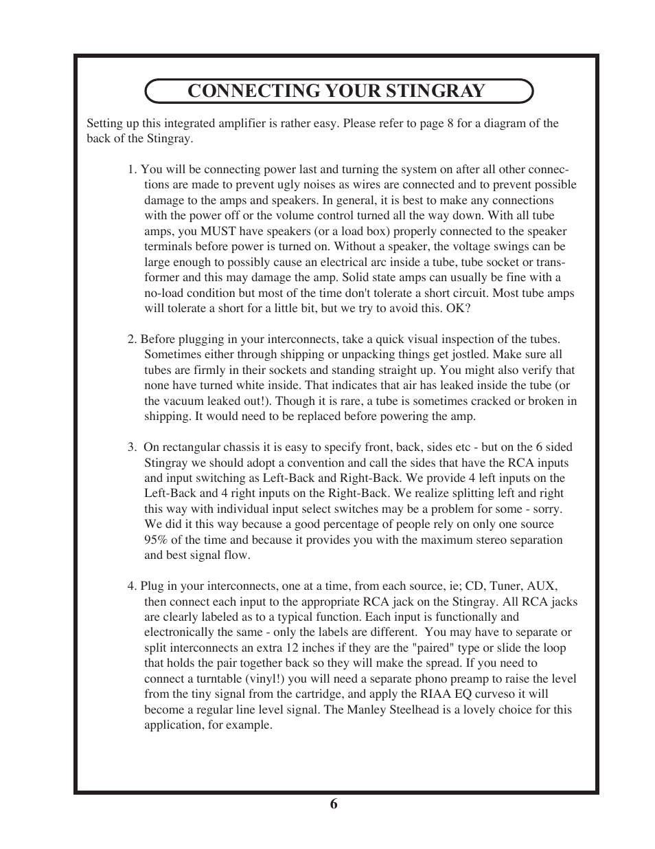 Connecting your stingray | Manley STINGRAY original version rev.2 6/2005 - 9/2009 MSTX User Manual | Page 6 / 22