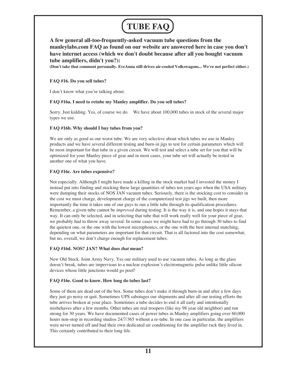 Tube faq | Manley SNAPPER User Manual | Page 11 / 16