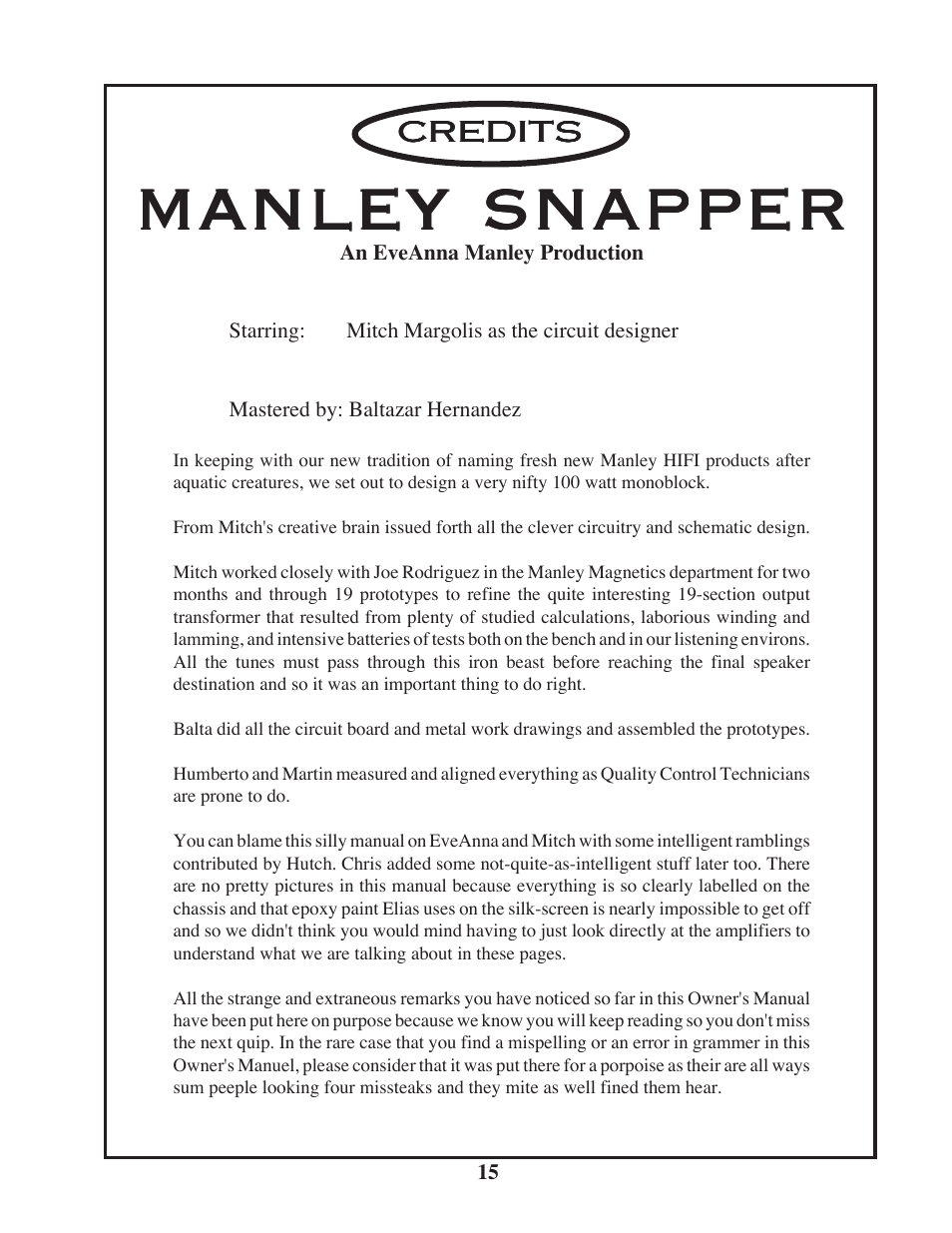 Manley snapper | Manley SNAPPER User Manual | Page 15 / 16
